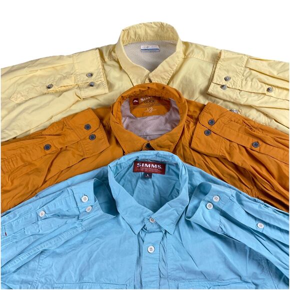 Lot Of 3 Simms & Columbia PFG Fishing Roll Sleeve Button Up Shirt Men's Large - Picture 1 of 16